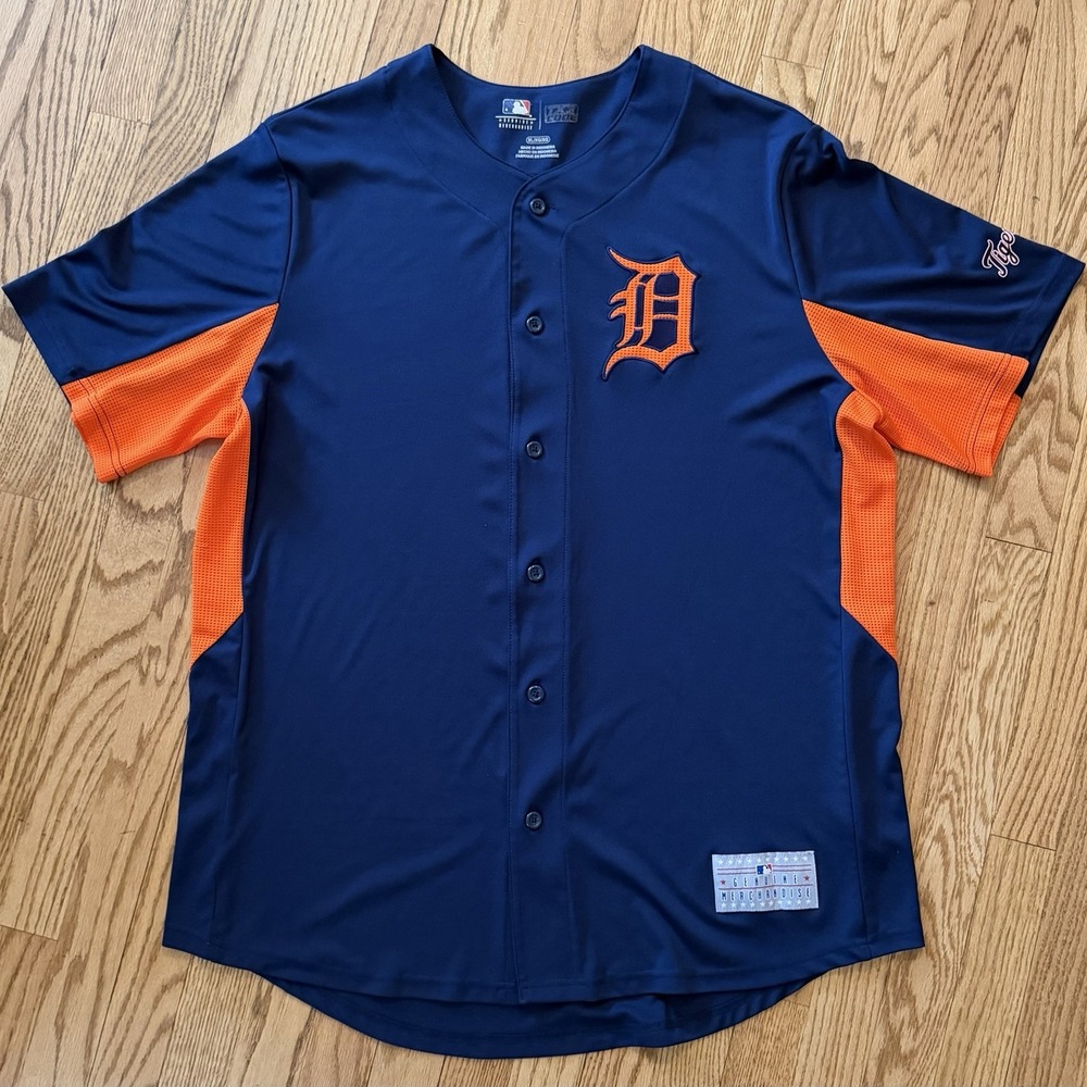 Detroit Tigers MLB Majestic Button Jersey Men's XL Navy Orange Old‎ English D